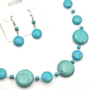 Turquoise and Dyed Howlite Stone Beaded Necklace and Earrings Set Silver‎ Tone